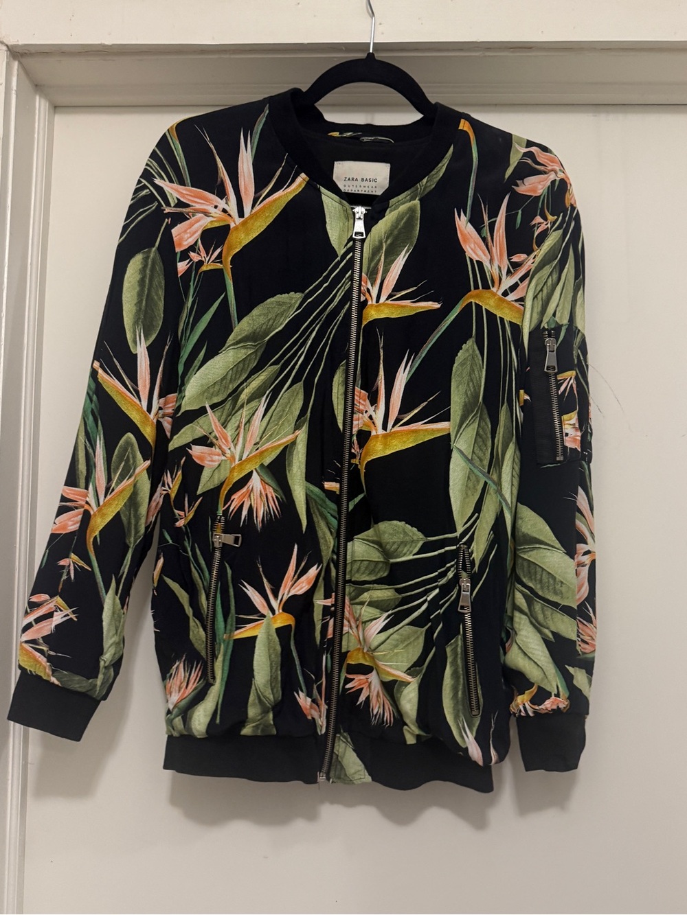 Zara Black Tropical Floral Bomber Jacket with Green & Pink Accents